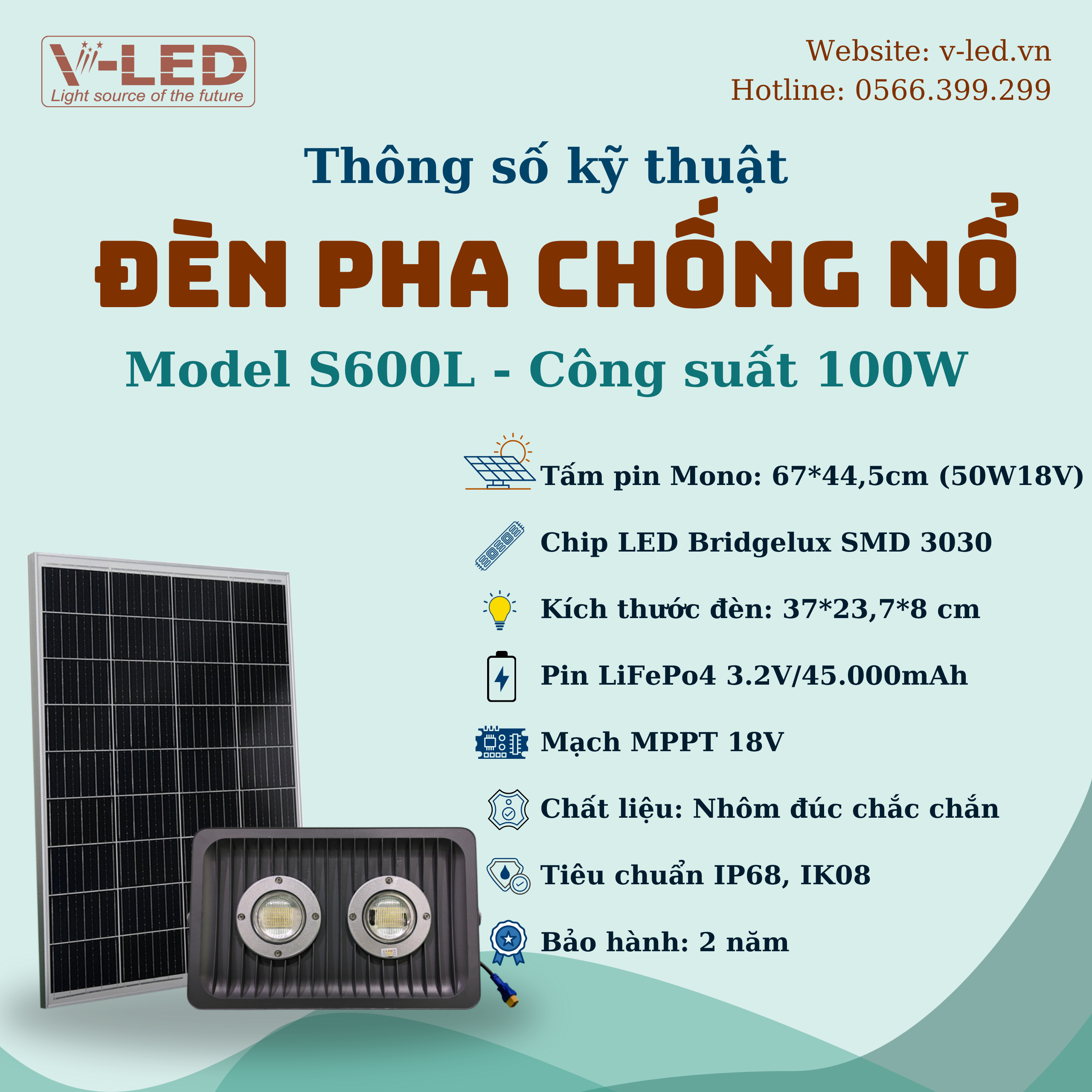 Đèn pha năng lượng mặt trời chống nổ 100W cao cấp V-Led - Ảnh 2