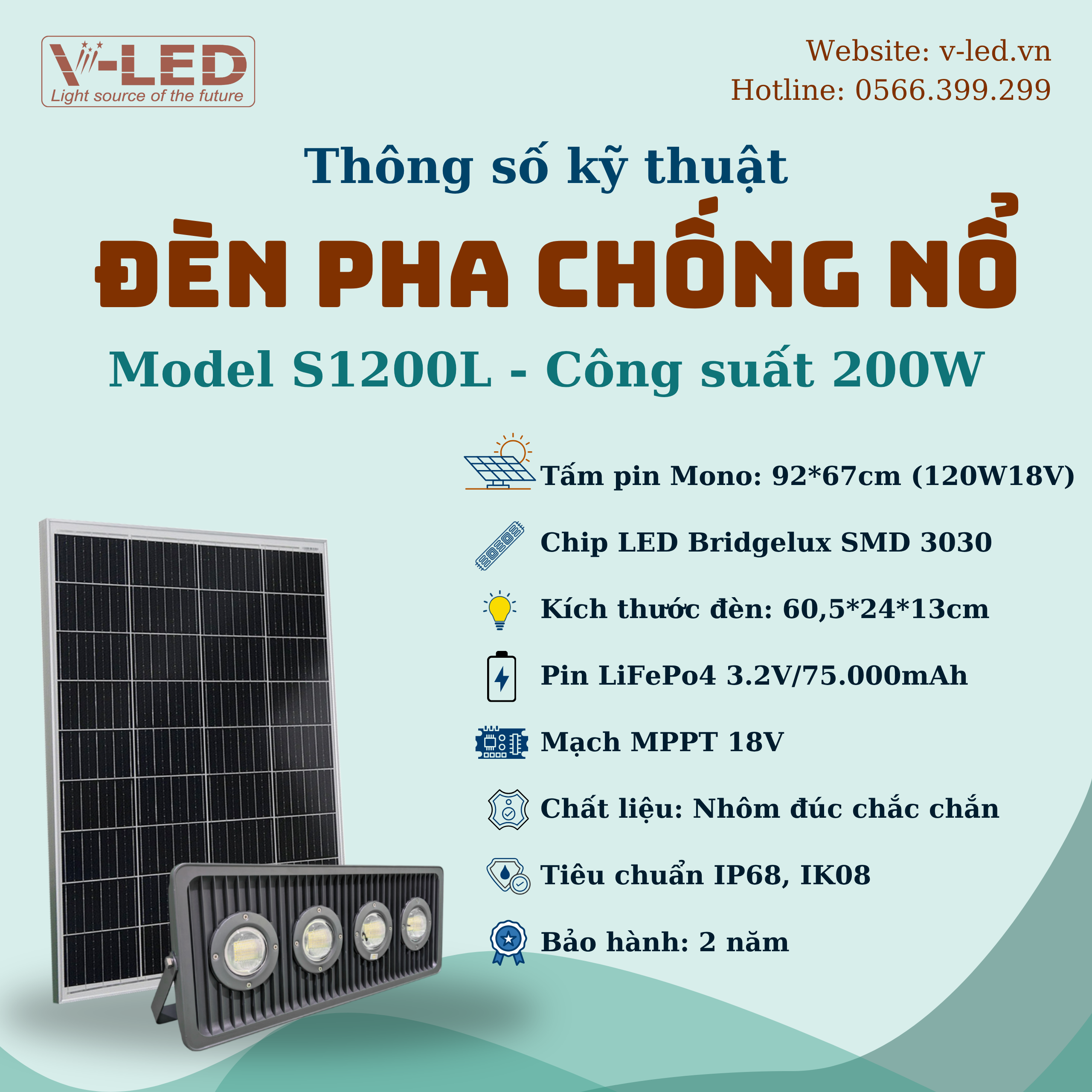 Đèn pha năng lượng mặt trời V-led chống nổ 200W cao cấp - Ảnh 2