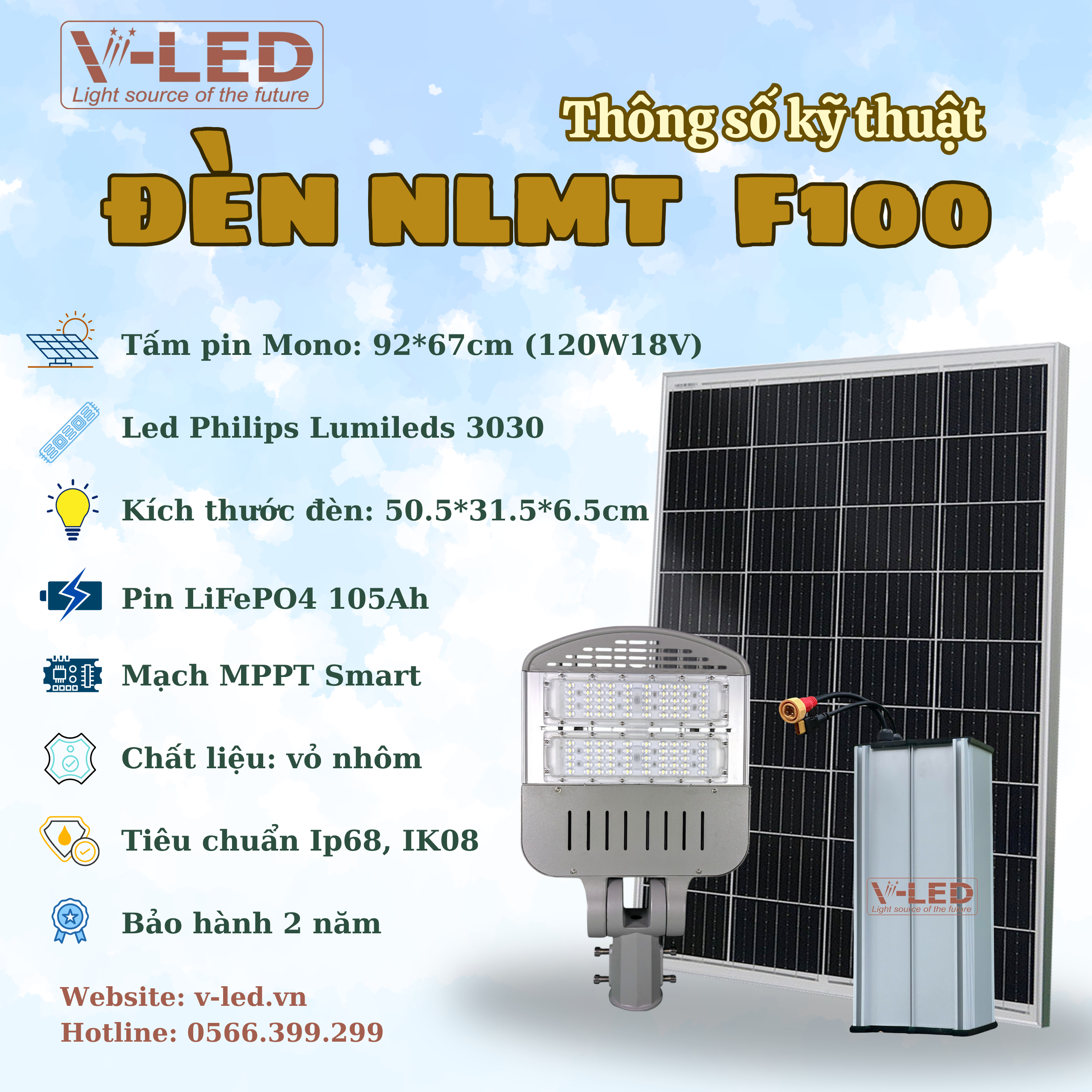 Đèn đường NLMT V-LED cao cấp F100 Philips - Ảnh 2