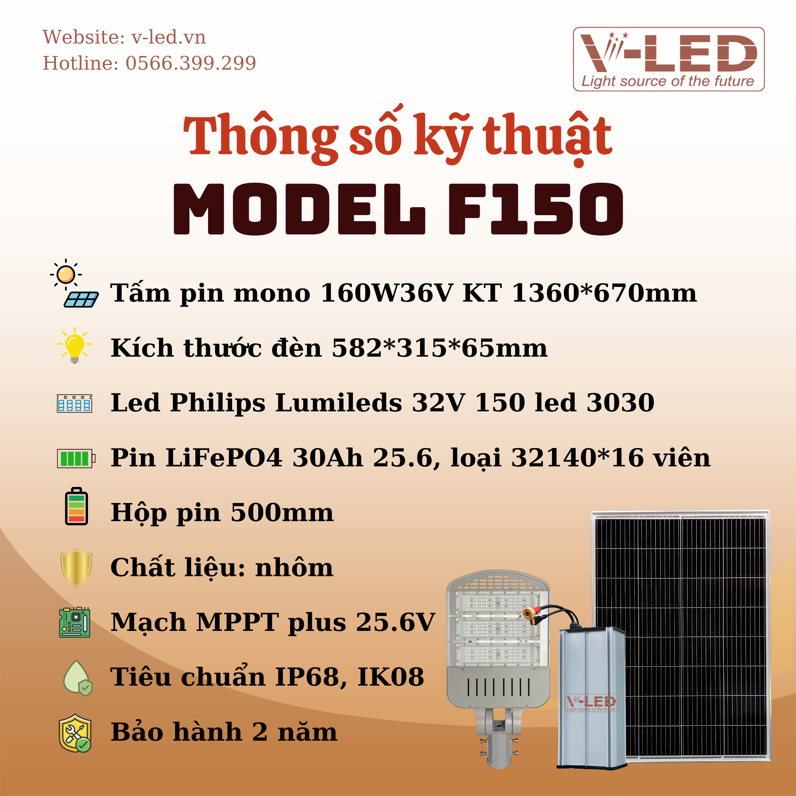 Đèn đường NLMT V-LED cao cấp Philips F150 25.6V - Ảnh 3