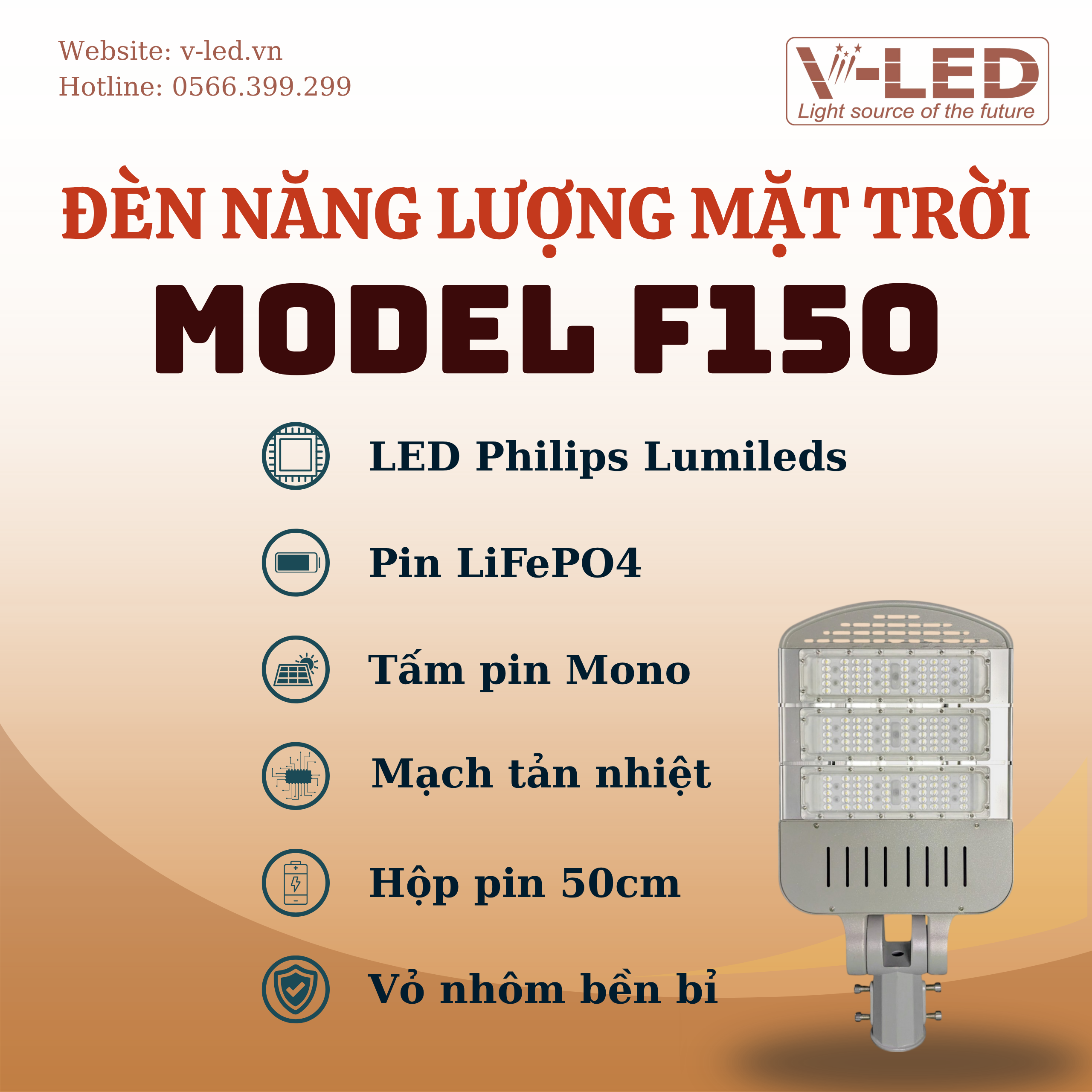 Đèn đường NLMT V-LED cao cấp Philips F150 25.6V - Ảnh 5