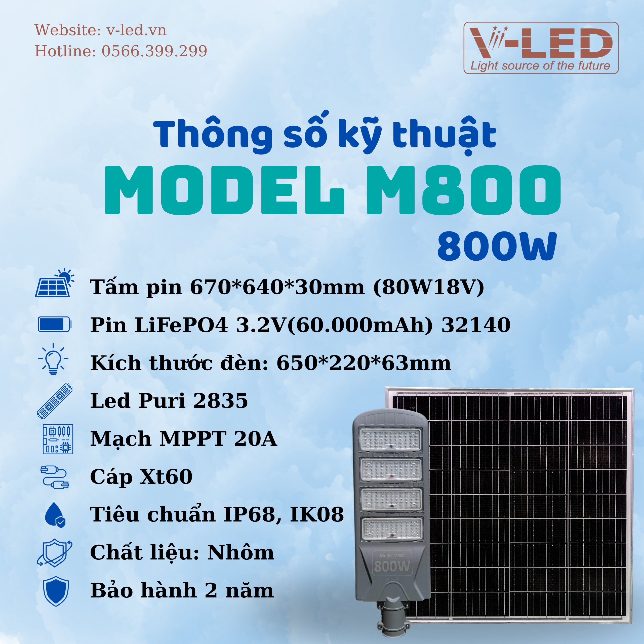 Đèn đường NLMT bàn chải V-Led module 800W - Ảnh 2
