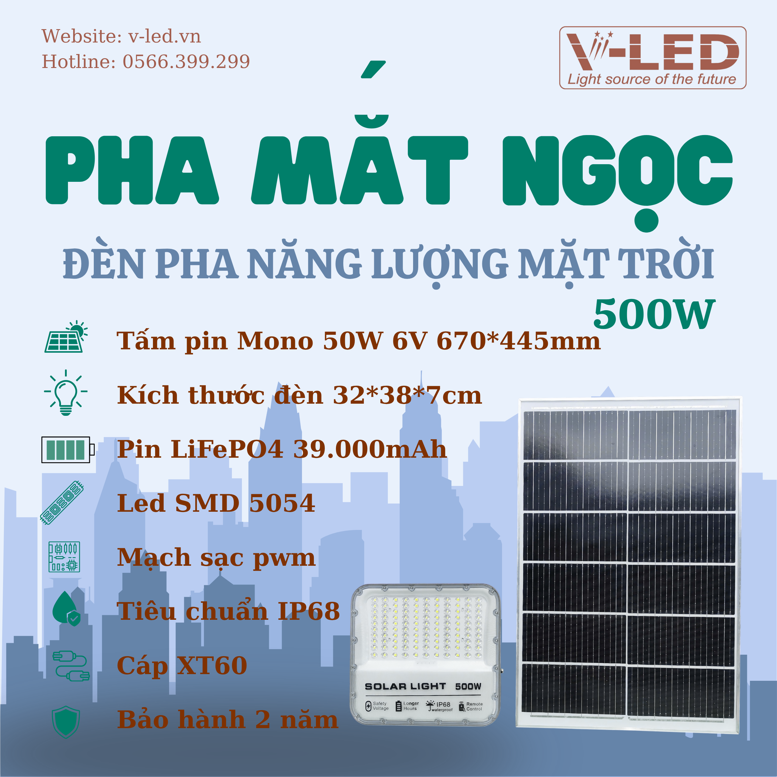 Đèn pha năng lượng mặt trời V-Led mắt ngọc 500W (Led 5054) - Ảnh 2