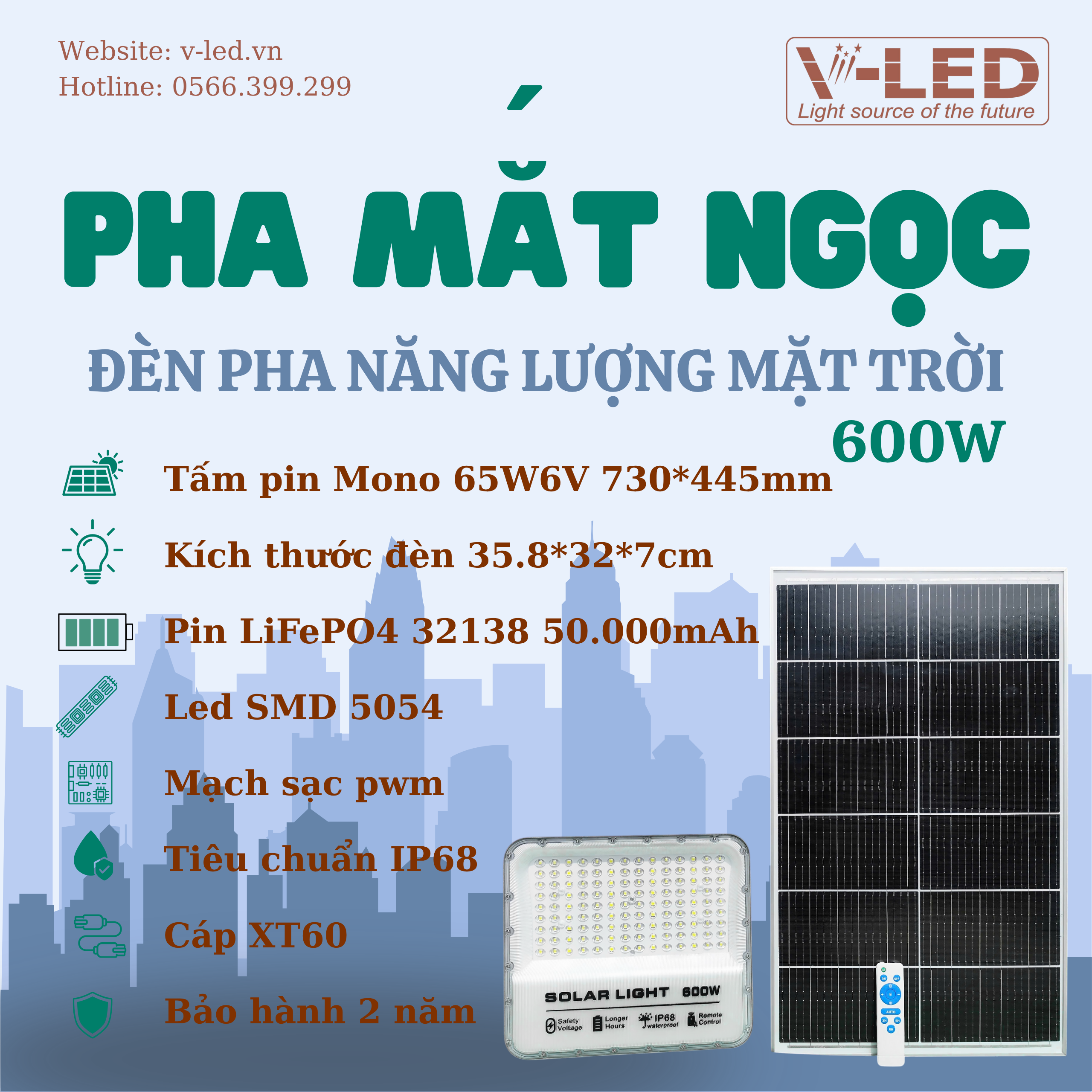 Đèn pha NLMT V-Led mắt ngọc 600W (Led 5054) - Ảnh 2