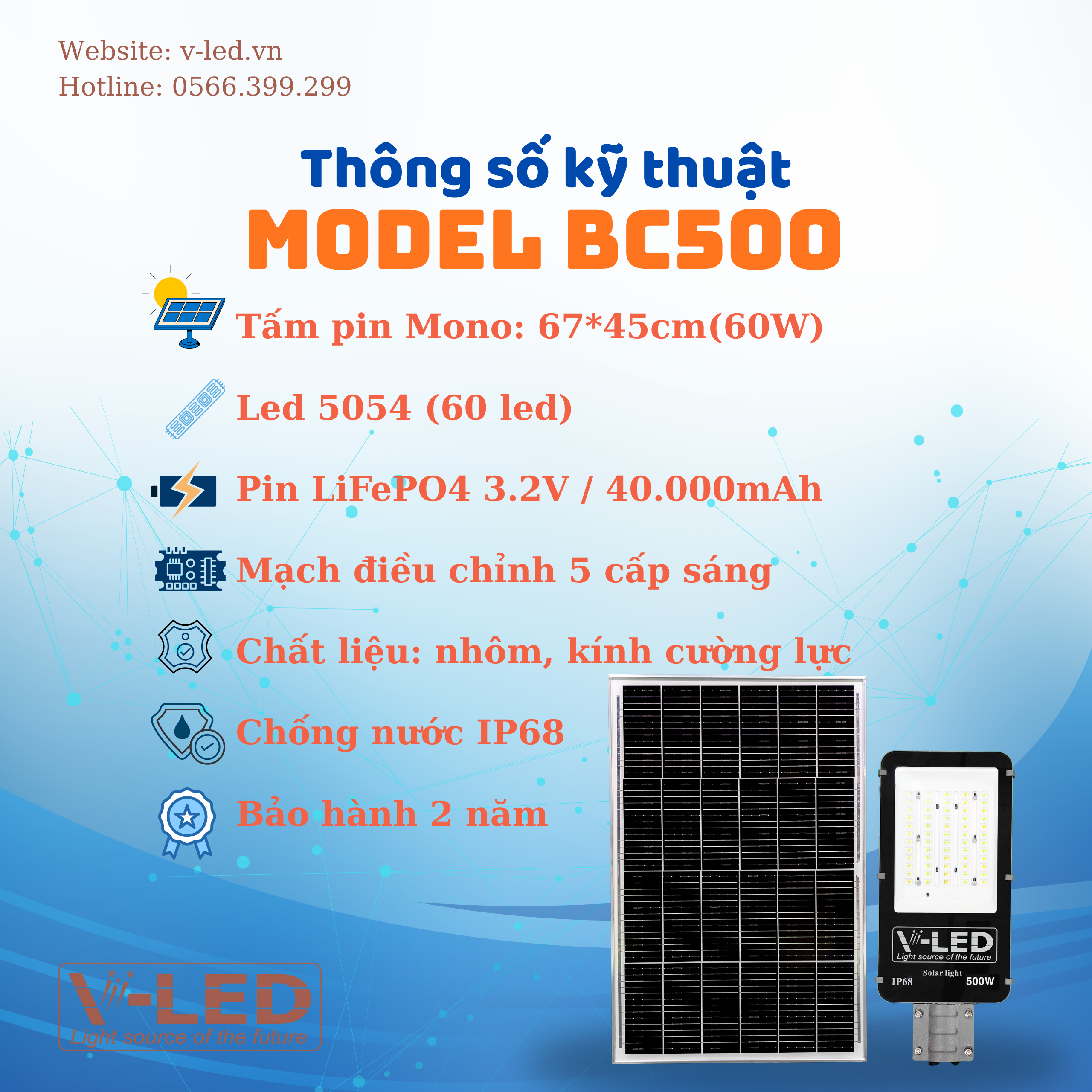 Đèn bàn chải năng lượng mặt trời V-LED 500W - Ảnh 2