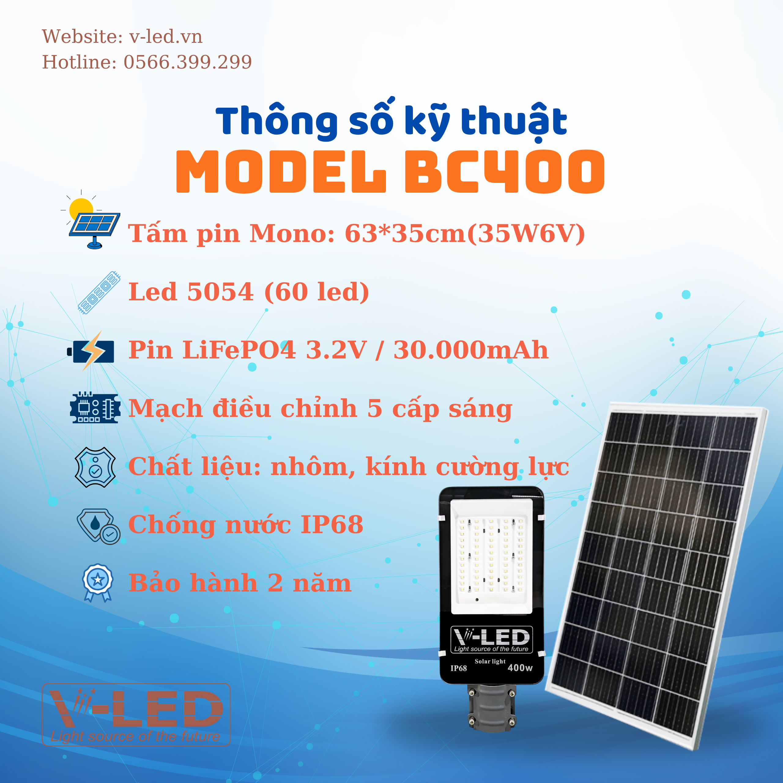 Đèn bàn chải năng lượng mặt trời V-LED 400W - Ảnh 3