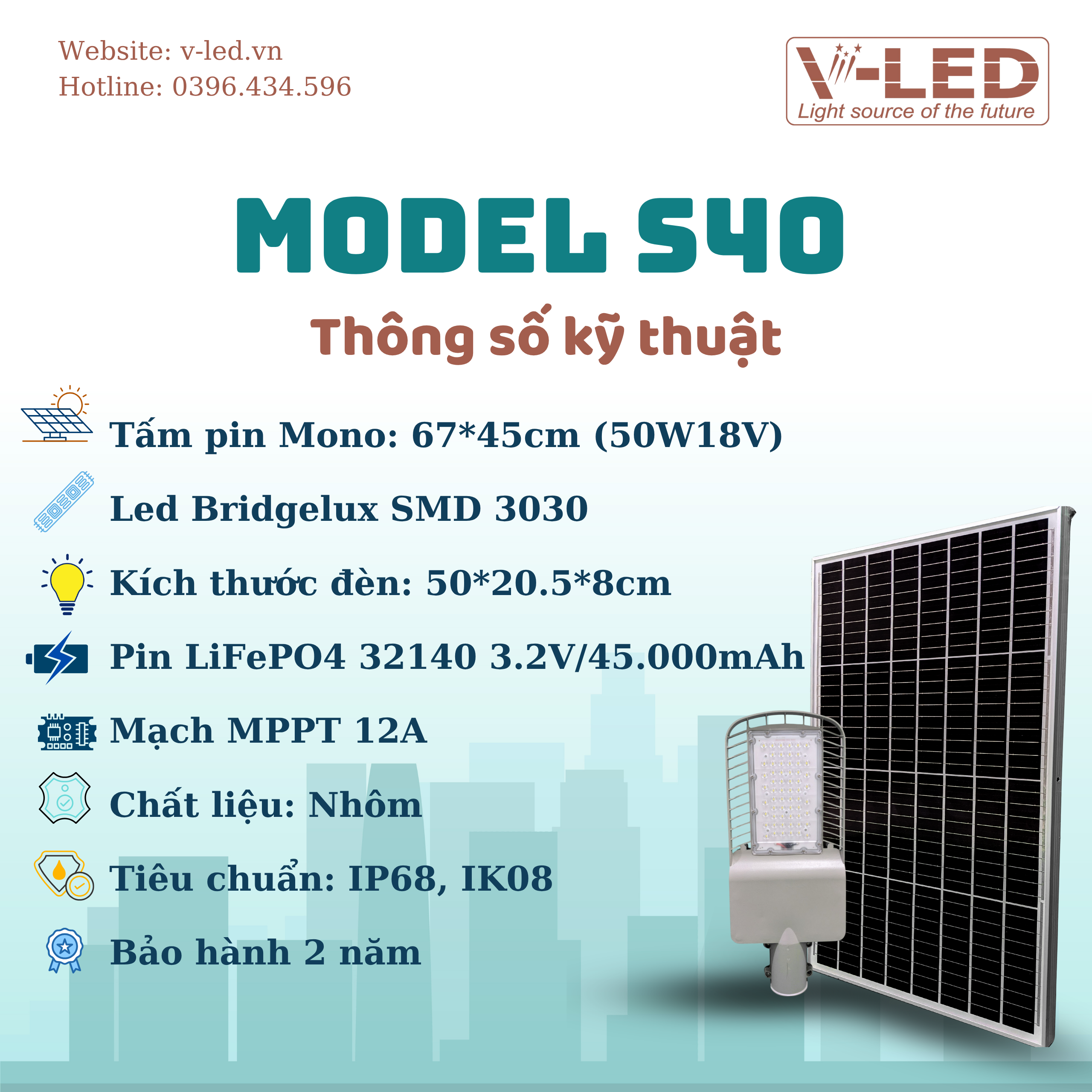 Đèn đường năng lượng mặt trời V-LED S40W - Ảnh 5